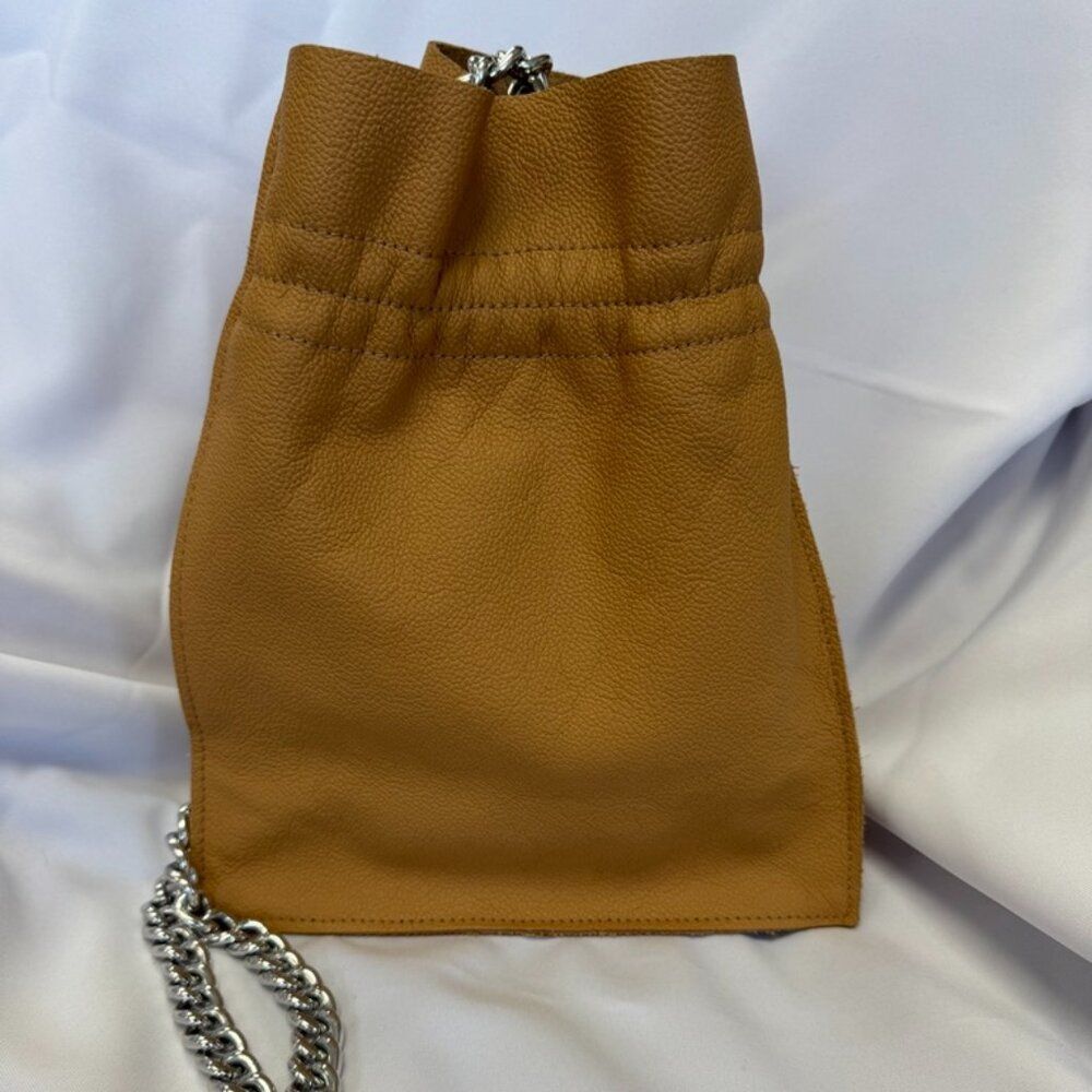 Falor Tan Leather Bucket Bag with Silver Chain